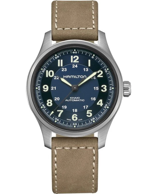 商品Hamilton|Hamilton Khaki Field Titanium Auto Blue Dial Brown Leather Strap Men's Watch H70545540,价格¥7066,第1张图片