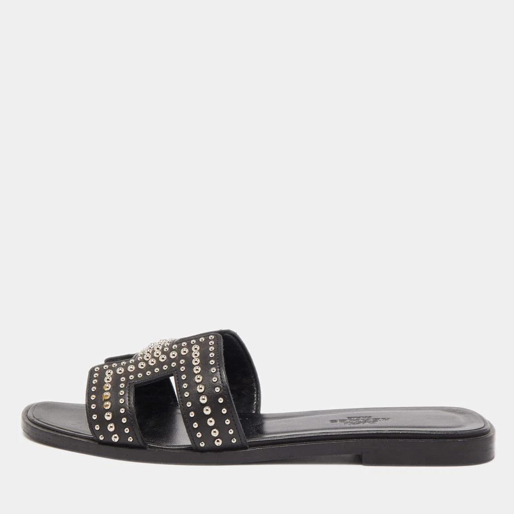 商品[二手商品] Hermes|Hermes Black Studded Leather Oran Flat Slides Size 36,价格¥3147,第1张图片