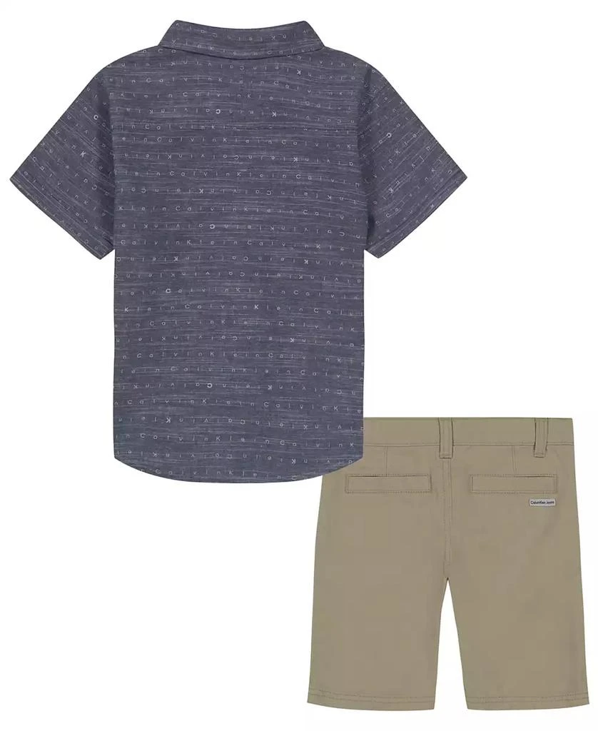 商品Calvin Klein|Little Boys Logo Print Button-Up Short Sleeve Shirt and Twill Shorts, 2 Piece Set,价格¥112,第2张图片详细描述