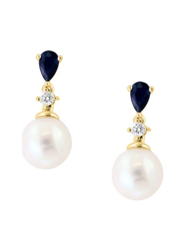 商品Effy|14K Yellow Gold, 8MM Freshwater Pearl & Multi Stone Drop Earrings,价格¥4888,第2张图片详细描述