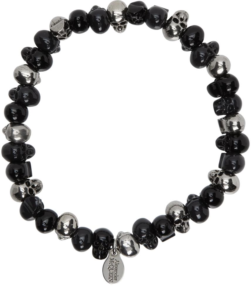 Black & Silver Beaded Skull Bracelet商品第2张图片规格展示