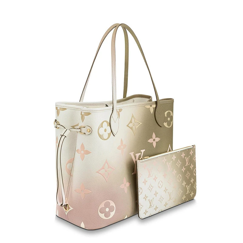 商品Louis Vuitton|【预售3-7天】LouisVuitton/路易威登22春夏新款NEVERFULL系列女士中号日落卡其色老花帆布金扣配可拆卸小袋抽绳开合单肩斜跨包M59859,价格¥19608,第4张图片详细描述