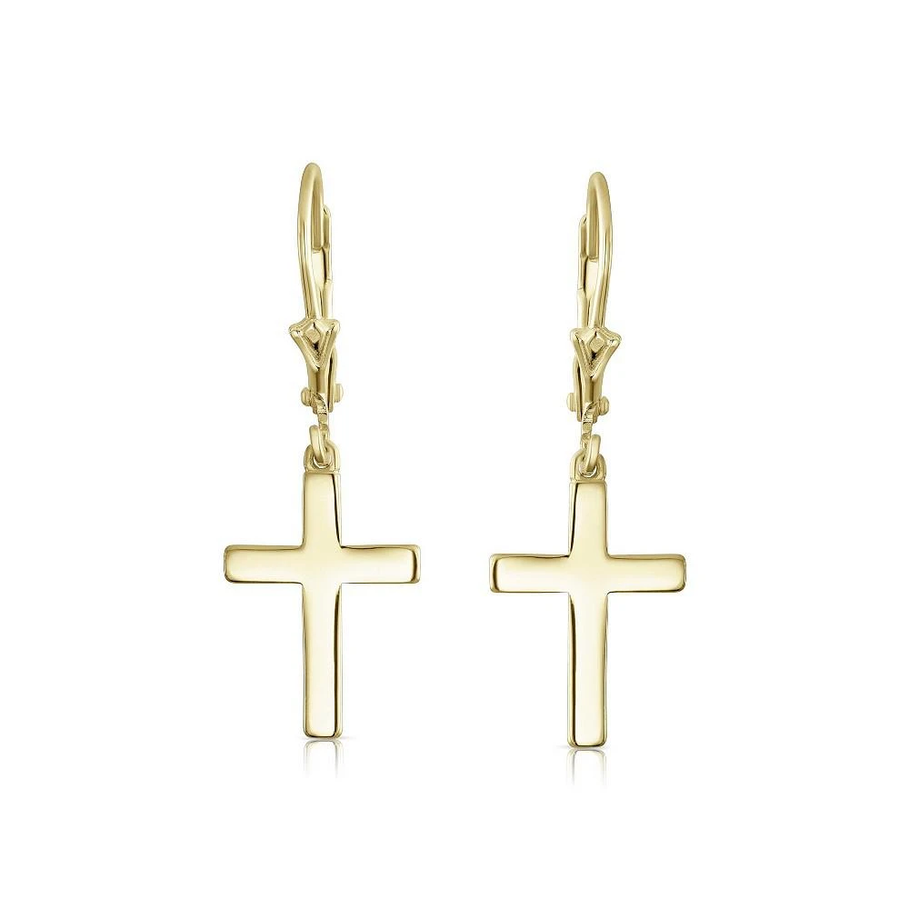 商品Bling Jewelry|Minimalist Simple Delicate Small Religious Cross Drop Dangle Earrings For Women Teen Secure Lever back High Polished Yellow 14K Gold Plated .925 Sterling Silver,价格¥172,第2张图片详细描述