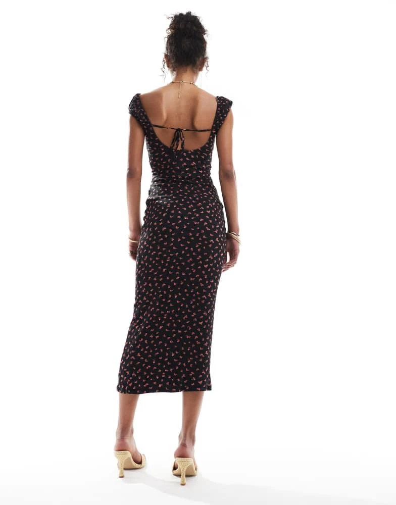 商品Bershka|Bershka milkmaid midi dress in black print,价格¥258,第4张图片详细描述