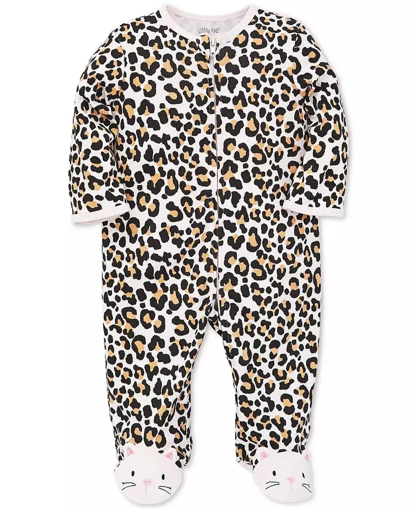 商品Little Me|Baby Girls Animal Print Footed Coverall With Cat Applique,价格¥101,第1张图片