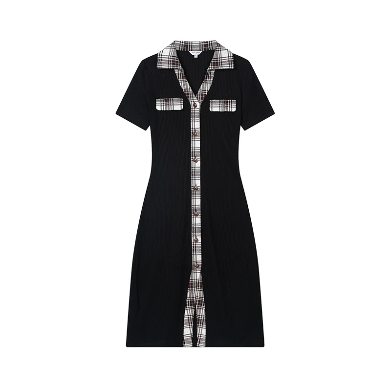 Harper黑色格子边V领显瘦高腰针织连衣裙 |  HarperDress - Black 商品
