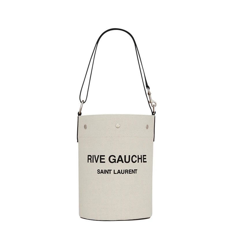 SAINT LAURENT PARIS/圣罗兰 YSL 22春夏新款RIVE GAUCHE系列 男士白色亚麻配皮黑色徽标印花银扣单肩斜跨手提水桶包 商品