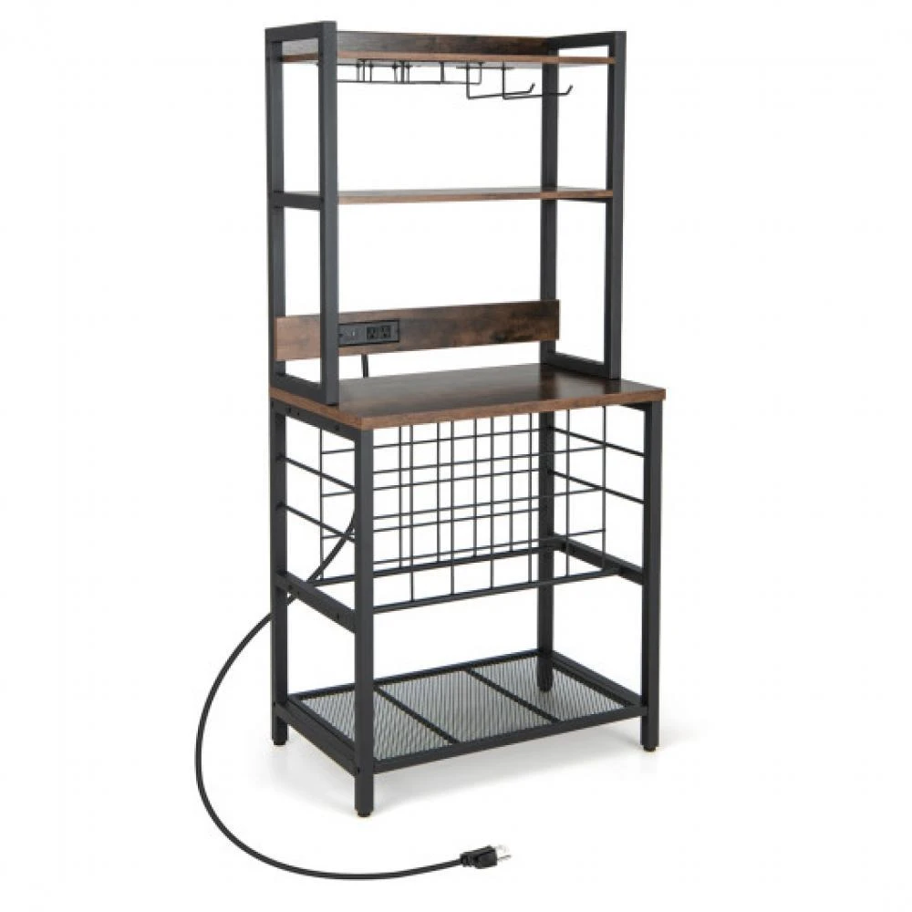 商品Hivvago|Wine Bar Cabinet Wine Rack with 4 Tier Storage Shelves and Glass Holders-Brown,价格¥1153,第3张图片详细描述