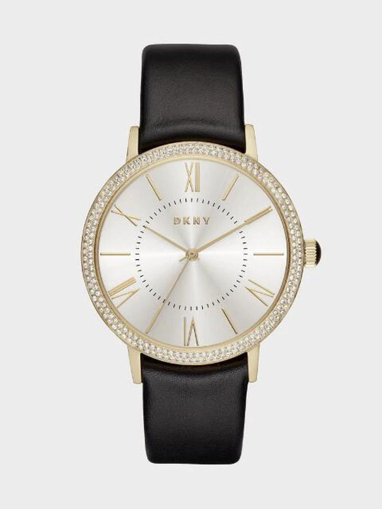 商品DKNY|Willoughby 38mm Gold-Tone Stainless Steel And Black Leather Watch With Glitz,价格¥1136,第1张图片