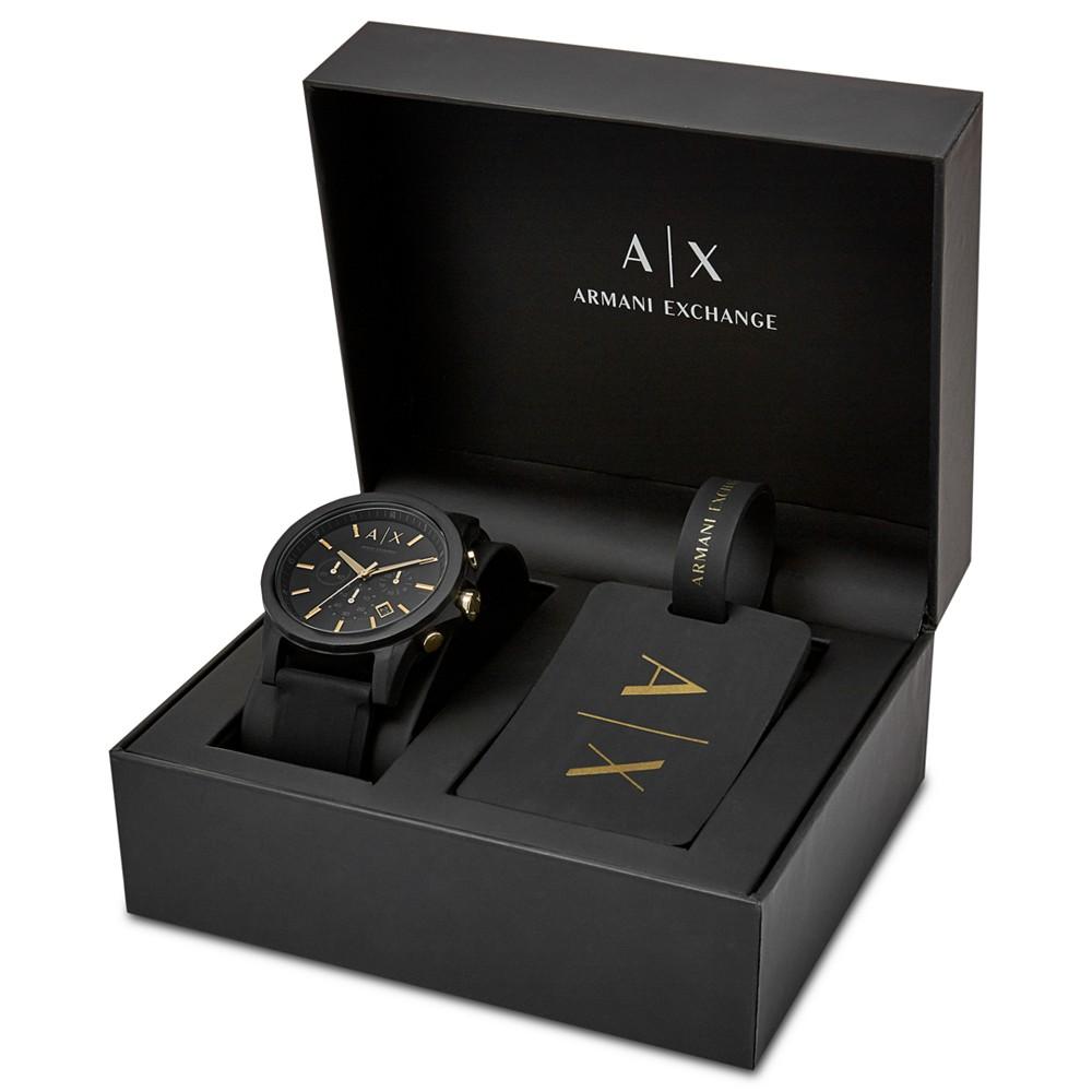 Men's Chronograph  Black Silicone Strap Watch 45mm Gift Set商品第3张图片规格展示