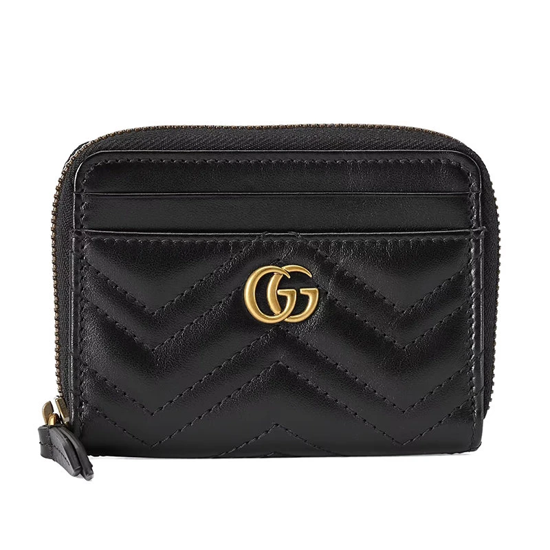 商品Gucci|【预售3-7天】GUCCI/古驰 21秋冬GGMarmont系列 女士黑色绗缝皮革金色双G装饰拉链卡包卡片夹‎671772DTDHT1000,价格¥3688,第1张图片