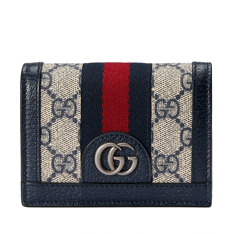 商品Gucci|【预售3-7天】GUCCI/古驰 Ophidia系列 女士米色/蓝色老花帆布红蓝织带配蓝色皮革双G多隔层折叠零钱包卡包 52315596IWN4076,价格¥3127,第1张图片