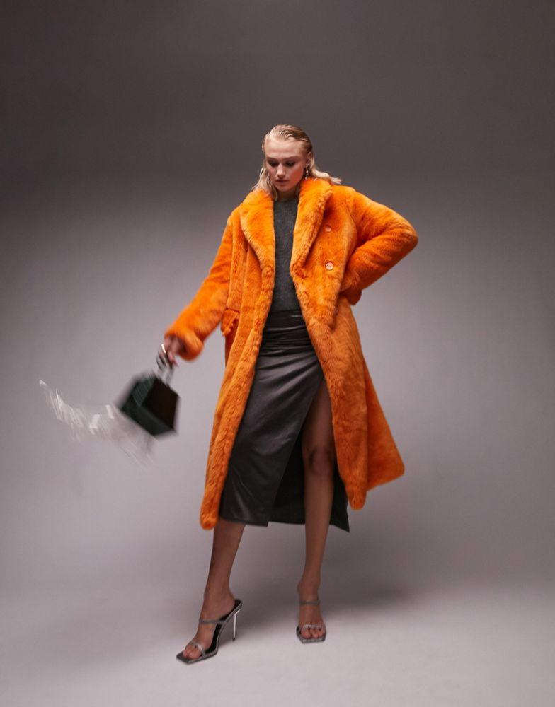 Topshop oversized long-line faux fur coat in bright orange商品第4张图片规格展示
