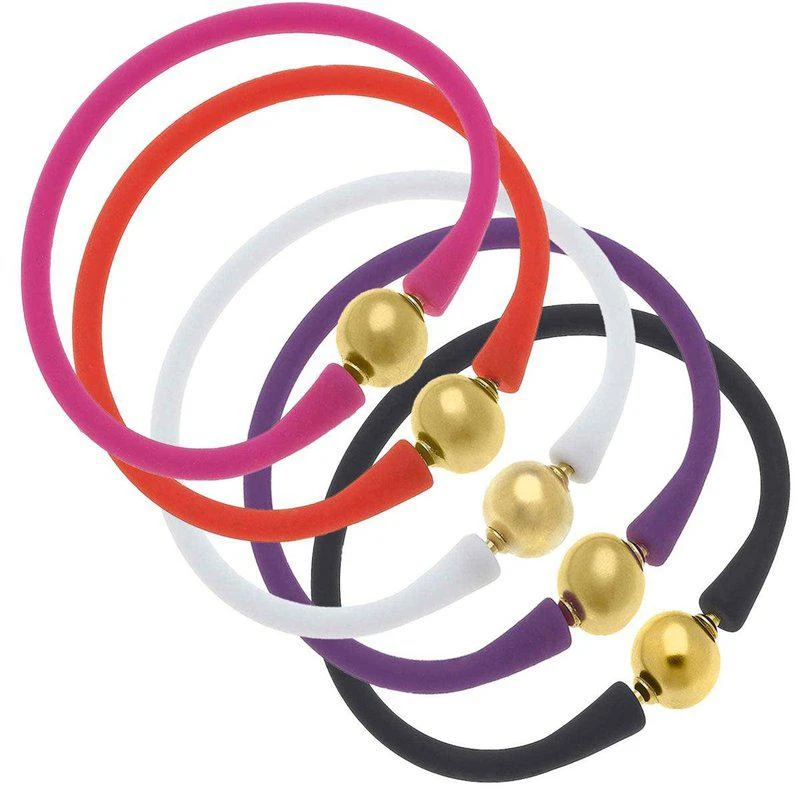 商品Canvas Style|Bali 24K Gold Silicone Bracelet Stack Of 5 In Magenta, Orange, White, Purple & Black,价格¥952,第1张图片