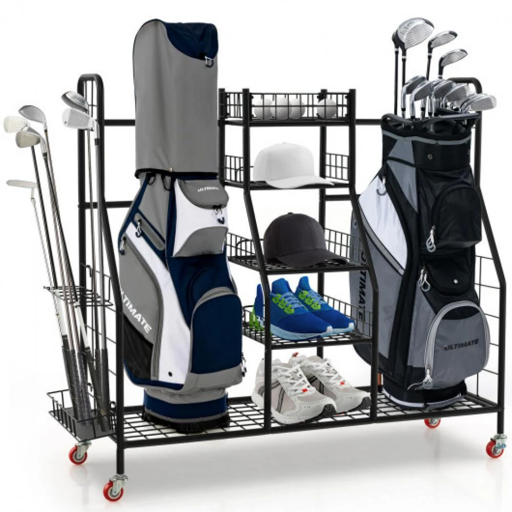 商品Hivvago|Double Golf Bag Rack with Removable Golf Club Stand and Wheels-Black,价格¥745,第3张图片详细描述