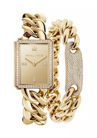 Gold Tone Chunky Chain Analog Watch with Rectangle Face and Matching Bracelet Set商品第1张图片规格展示