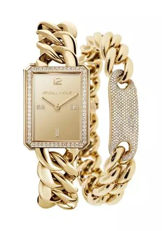 商品KENDALL & KYLIE|Kylie Gold Tone Chunky Chain Analog Watch With Rectangle Face And Matching Bracelet Set,价格¥713,第1张图片