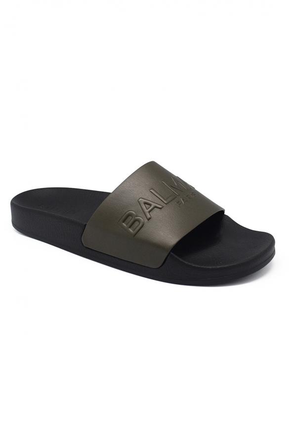 Luxury Shoes For Women   Balmain Flip Flops In Kaki Leather商品第2张图片规格展示