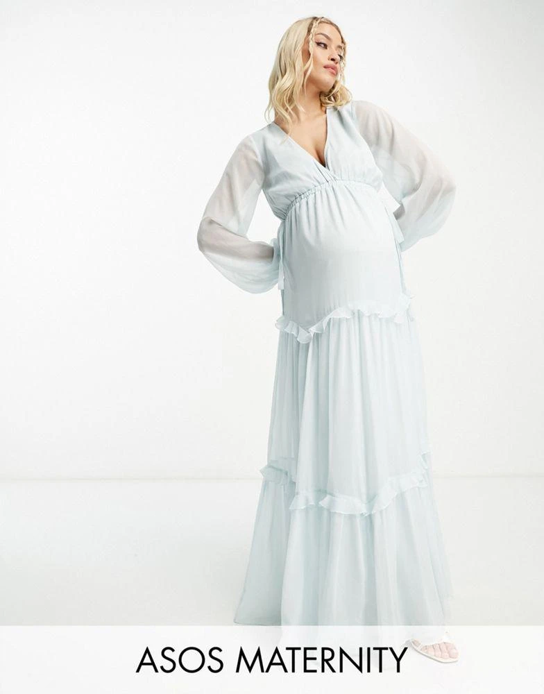 商品ASOS|ASOS DESIGN Maternity Exclusive long sleeve skater tiered maxi dress with cut out waist and tie detail in baby blue,价格¥294,第1张图片