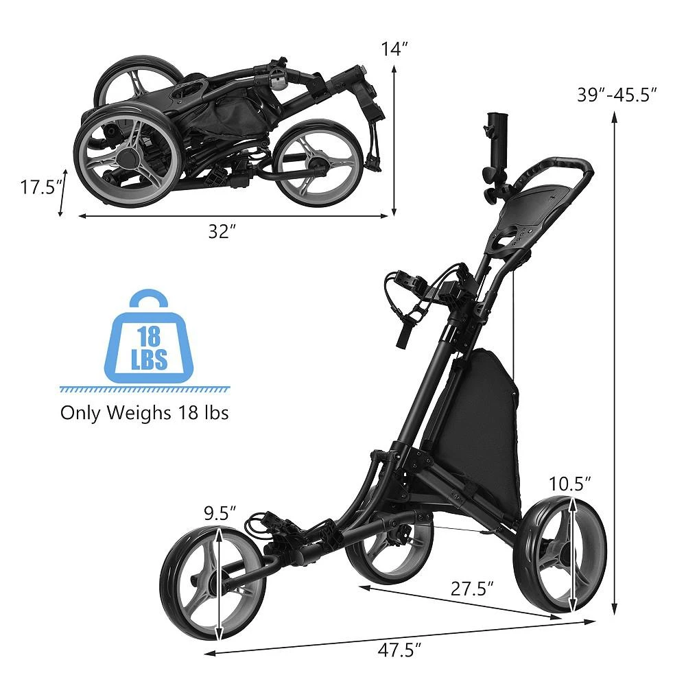 商品Costway|Folding 3 Wheels Golf Push Cart W/Bag Scoreboard,价格¥884,第2张图片详细描述