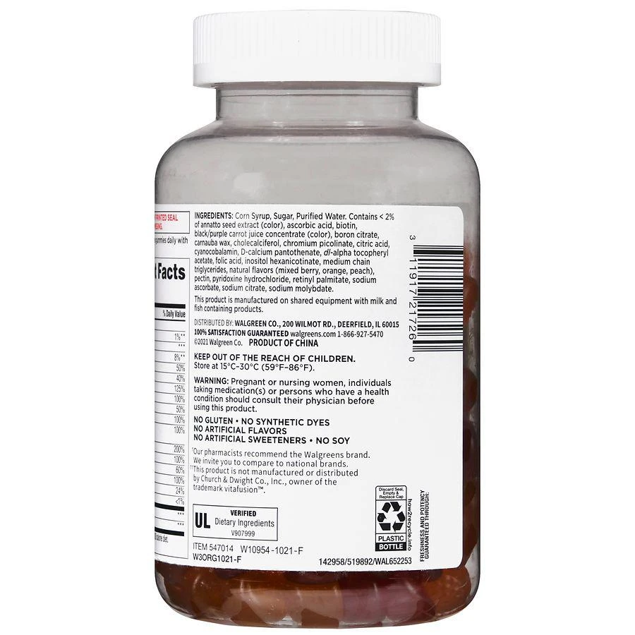 商品Walgreens|Adult Multivitamin Gummies Natural Mixed Berry, Orange & Peach,价格¥93,第4张图片详细描述