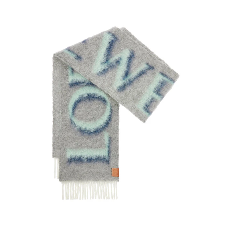 商品Loewe|【预售3-7天】罗意威 23年早春新款 男士灰色/蓝色羊毛和马海毛混纺Logo围巾F811257X03-1134,价格¥4543,第5张图片详细描述