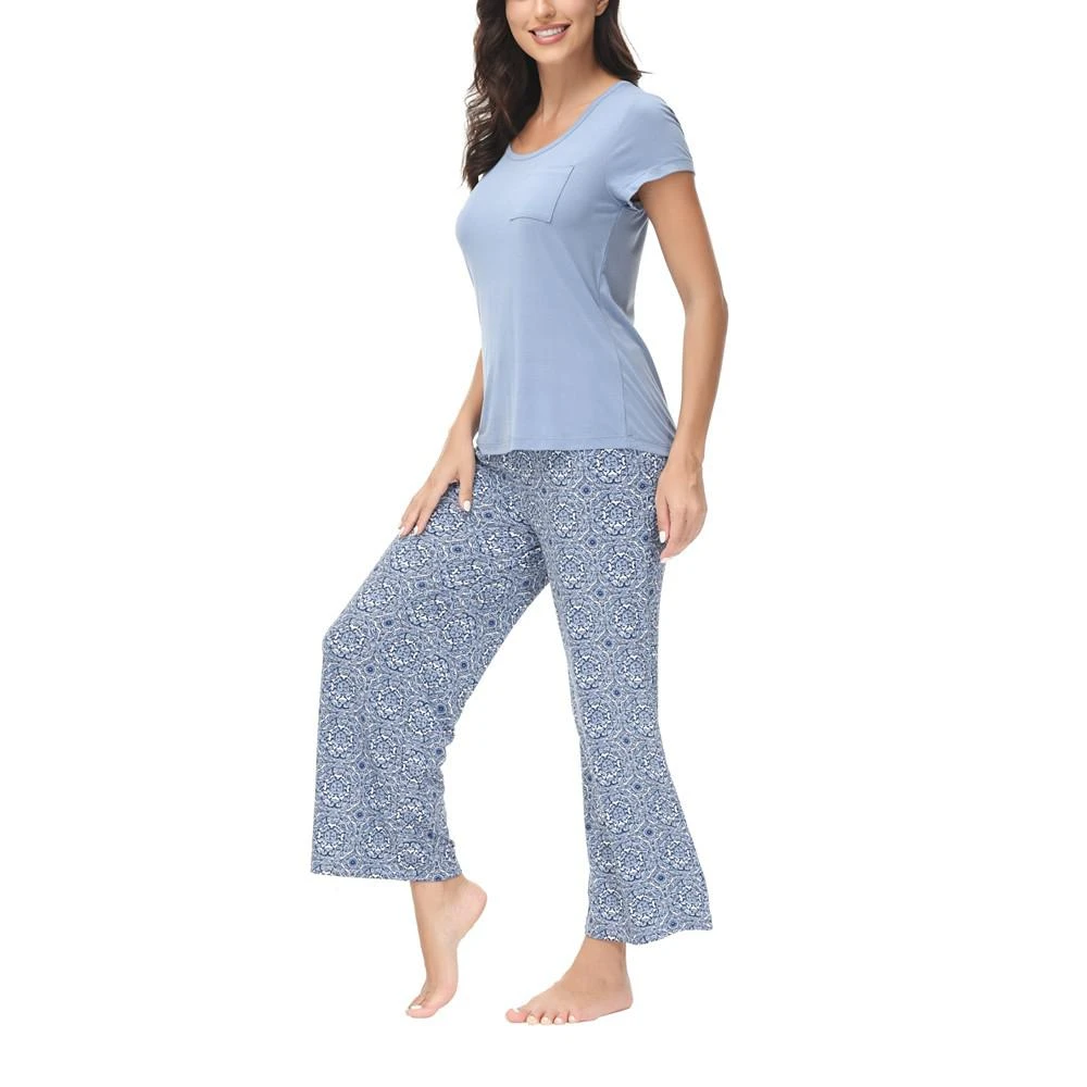 商品INK+IVY|Women's Solid Short Sleeve Top with The Cropped Wide Leg Pants 2 Piece Pajama Set,价格¥402,第4张图片详细描述