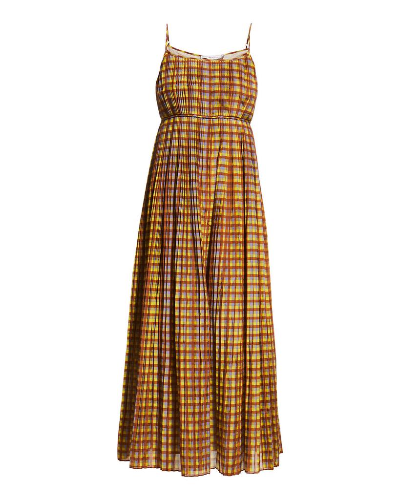 Skinny Strap Pleated Plaid Midi Dress商品第2张图片规格展示