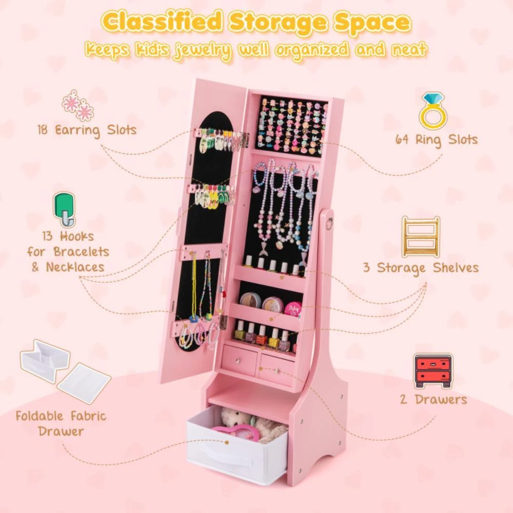 商品Hivvago|Freestanding Kids Jewelry Armoire Cabinet with Storage and 2 Tilt Angles-Pink,价格¥897,第4张图片详细描述