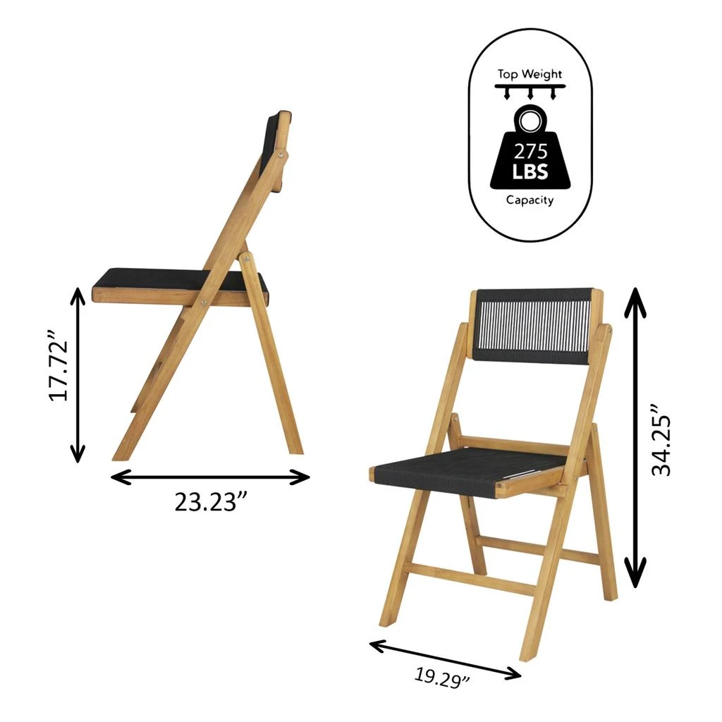 商品JONATHAN Y|Olivier Coastal Modern Wood Roped Folding Chair with Adjustable Back, Black/Natural (Set of 2),价格¥2677,第4张图片详细描述