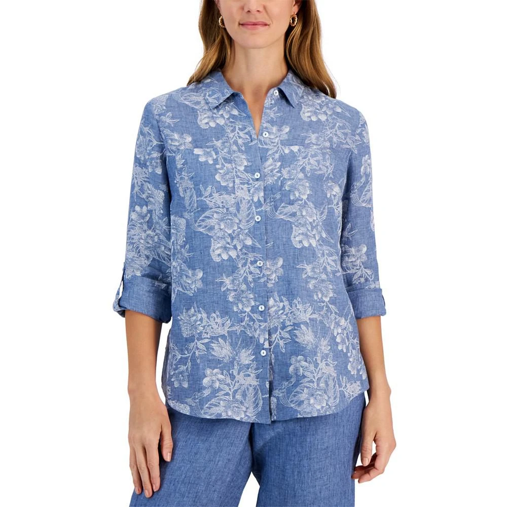 商品Charter Club|Women's 100% Linen Foliage-Print Roll-Tab Shirt, Created for Macy's,价格¥262,第1张图片