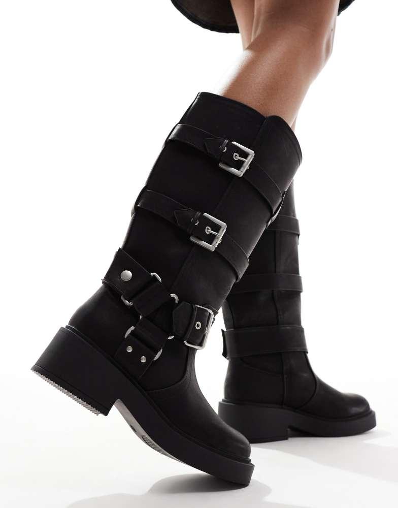 ASOS DESIGN Captain multi-buckle biker knee boots in black  display picture 1