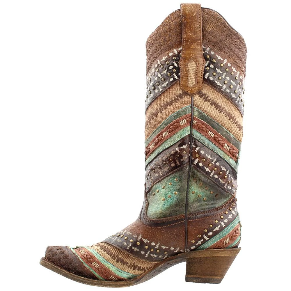 商品Corral Boots|Southwest Tooled-Inlay & Studs Snip Toe Cowboy Boots,价格¥1582,第4张图片详细描述