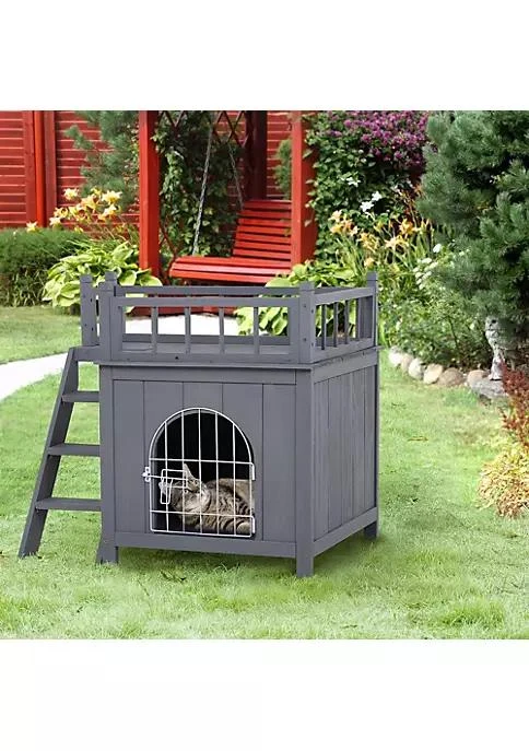 商品belk|2 Level Elevated Waterproof Outdoor Wooden Treehouse Cat Shelter With Balcony Grey,价格¥852,第4张图片详细描述