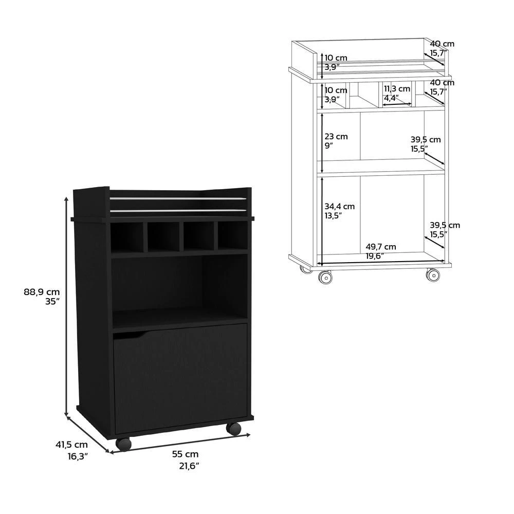 商品Depot E-Shop|Sims 35" H Bar Cart with Two Shelves four Wine Cubbies and One Cabinet,Black,价格¥1742,第5张图片详细描述