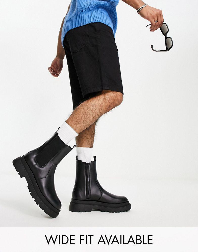 商品ASOS|ASOS DESIGN chunky chelsea calf boots in black faux leather,价格¥427,第1张图片