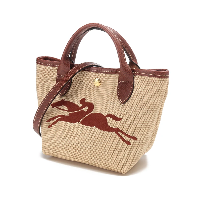 商品[国内直发] Longchamp|珑骧 Le Pliage Paris 15 草编亚麻布拼牛皮 LOGO刺绣拼色饺子包单肩包手提包 迷你 女款 卡其色拼棕色,价格¥3055,第3张图片详细描述