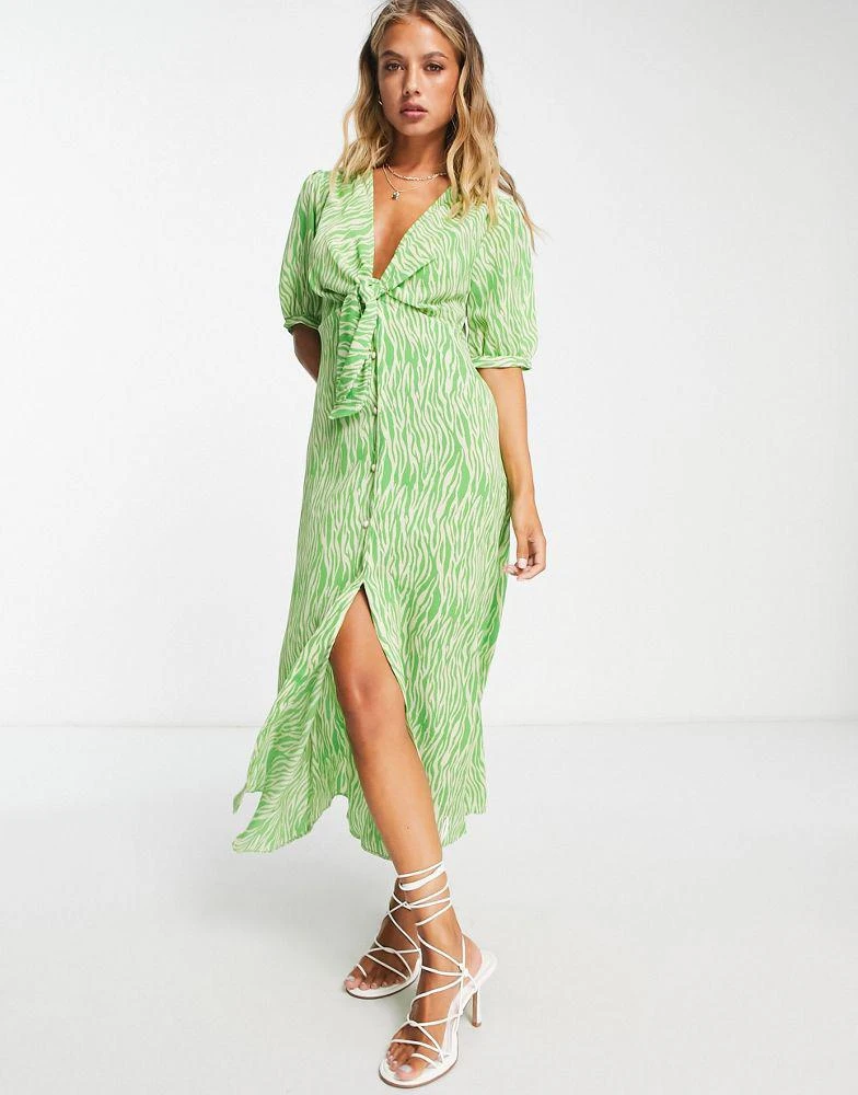 商品ASOS|ASOS DESIGN tie front button through midi dress in green animal print,价格¥174,第1张图片