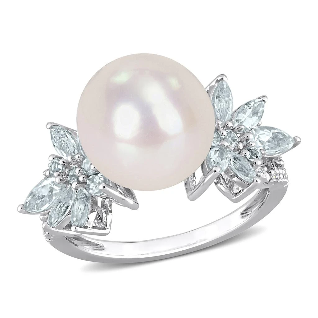 商品Mimi & Max|11-12mm Cultured Freshwater Pearl and 1 1/5ct TGW Aquamarine and 1/10ct TDW Diamond Flower Ring in Sterling Silver,价格¥1277,第1张图片