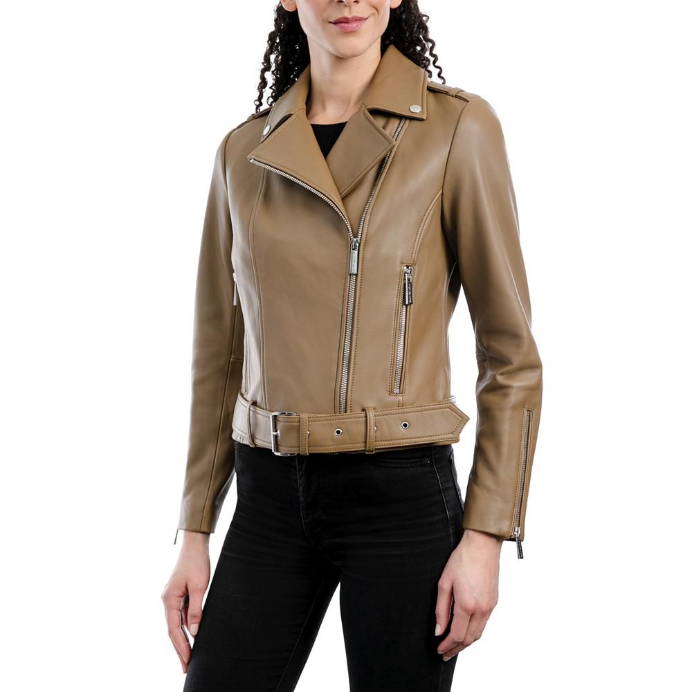 Women's Belted Leather Moto Coat, Created for Macy's商品第1张图片规格展示
