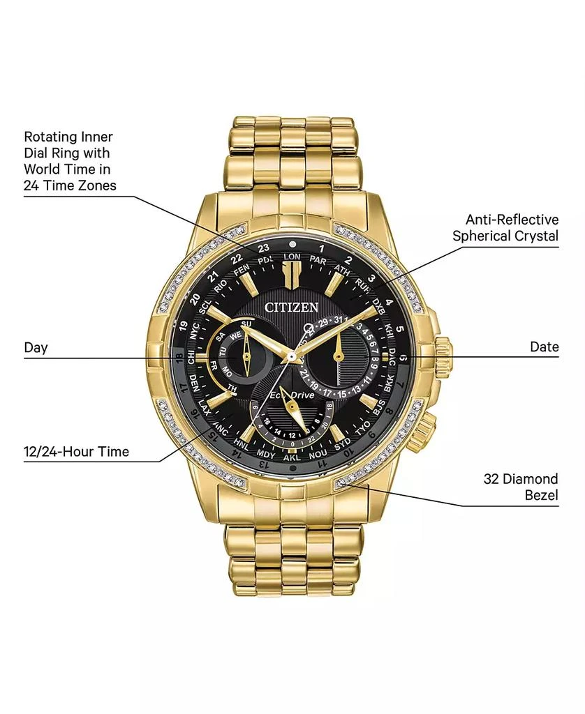 Eco-Drive Men's Calendrier Diamond-Accent Gold-Tone Stainless Steel Bracelet Watch 44mm 商品