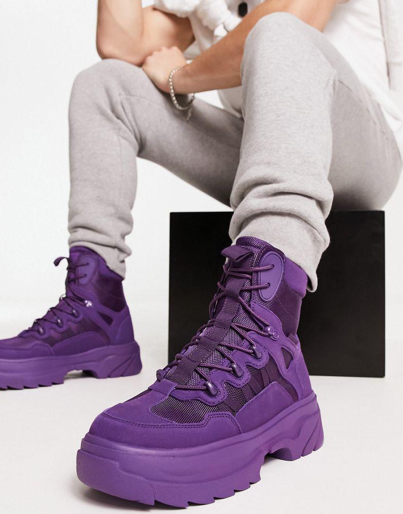 商品ASOS|ASOS DESIGN chunky sole lace up boots in dark purple faux suede and mesh,价格¥370,第6张图片详细描述
