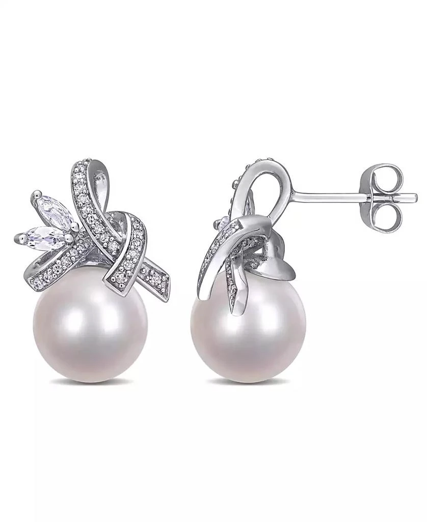 商品Macy's|Freshwater Cultured Pearl (9.5-10mm), White Topaz (2/5 ct. t.w) and Diamond (1/6 ct. t.w.) Ribbon Earrings in 10k White Gold,价格¥4534,第1张图片
