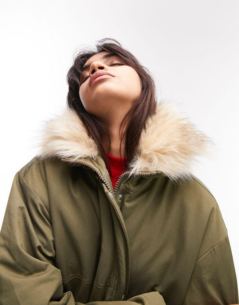 Topshop longline parker jacket with faux fur collar in khaki商品第3张图片规格展示
