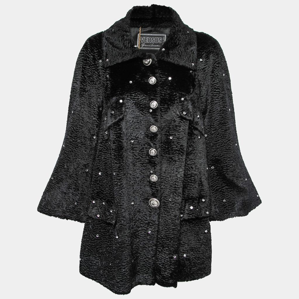 Versus Versace Vintage Black Rhinestone-Embellished Faux Fur Coat S商品第1张图片规格展示