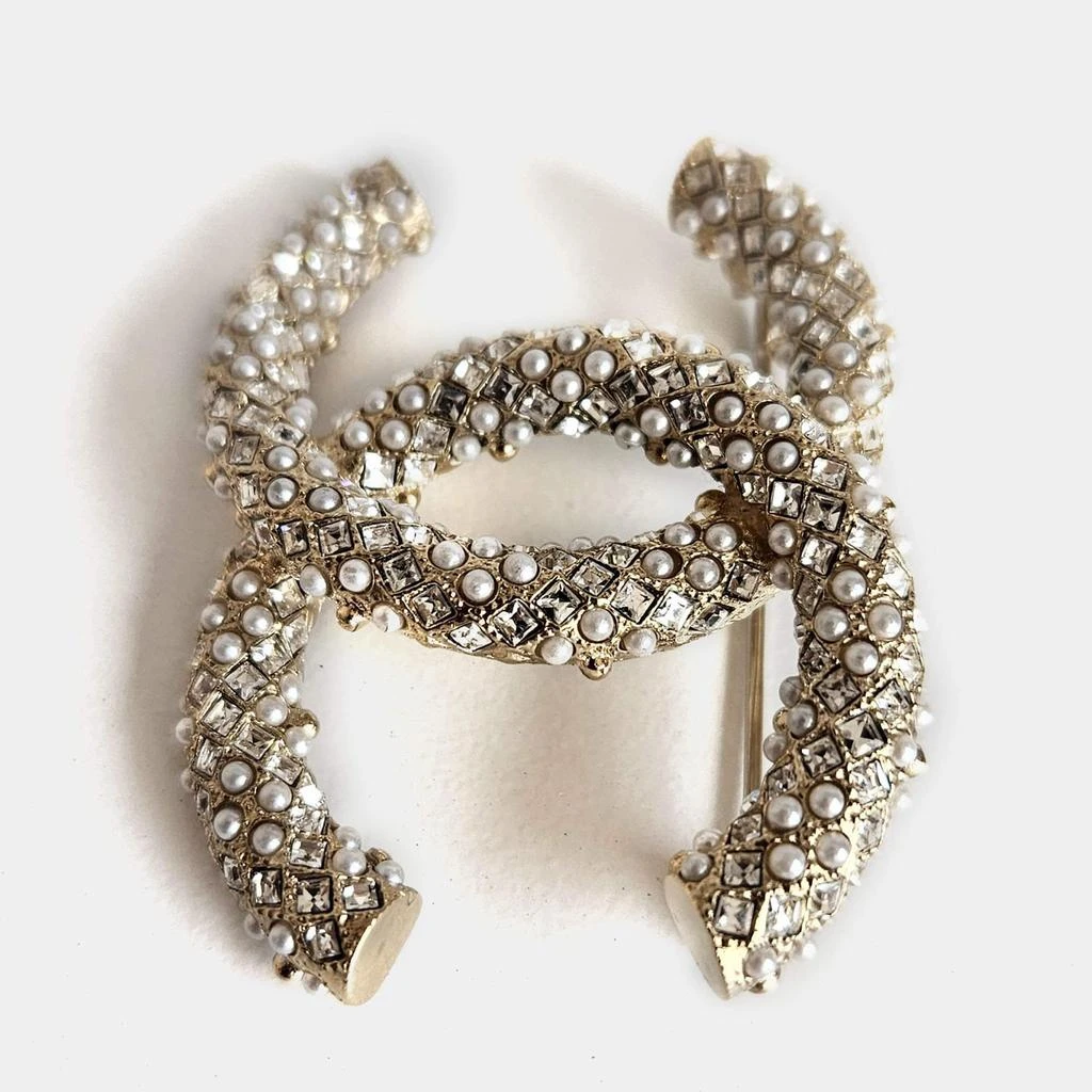 商品[二手商品] Chanel|Chanel Gold Tone CC Crystal/Pearl Embellished Brooch,价格¥8878,第2张图片详细描述