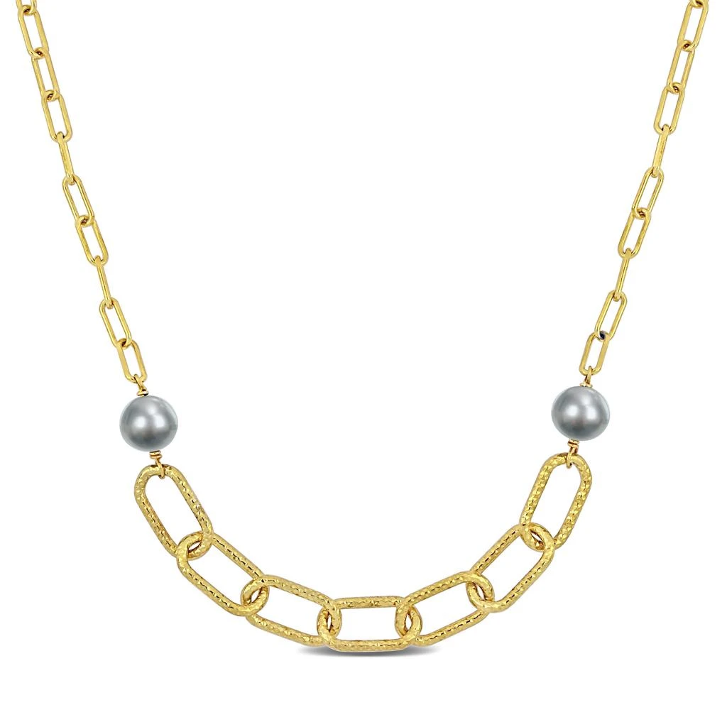 商品Mimi & Max|9-10 MM Grey Cultured Freshwater Pearl Chain Bar Necklace in 18k Yellow Gold Plated Sterling Silver,价格¥655,第1张图片