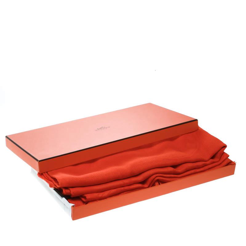 Hermes Bright Orange Silk and Cashmere Jacquard New Libris Stole商品第6张图片规格展示