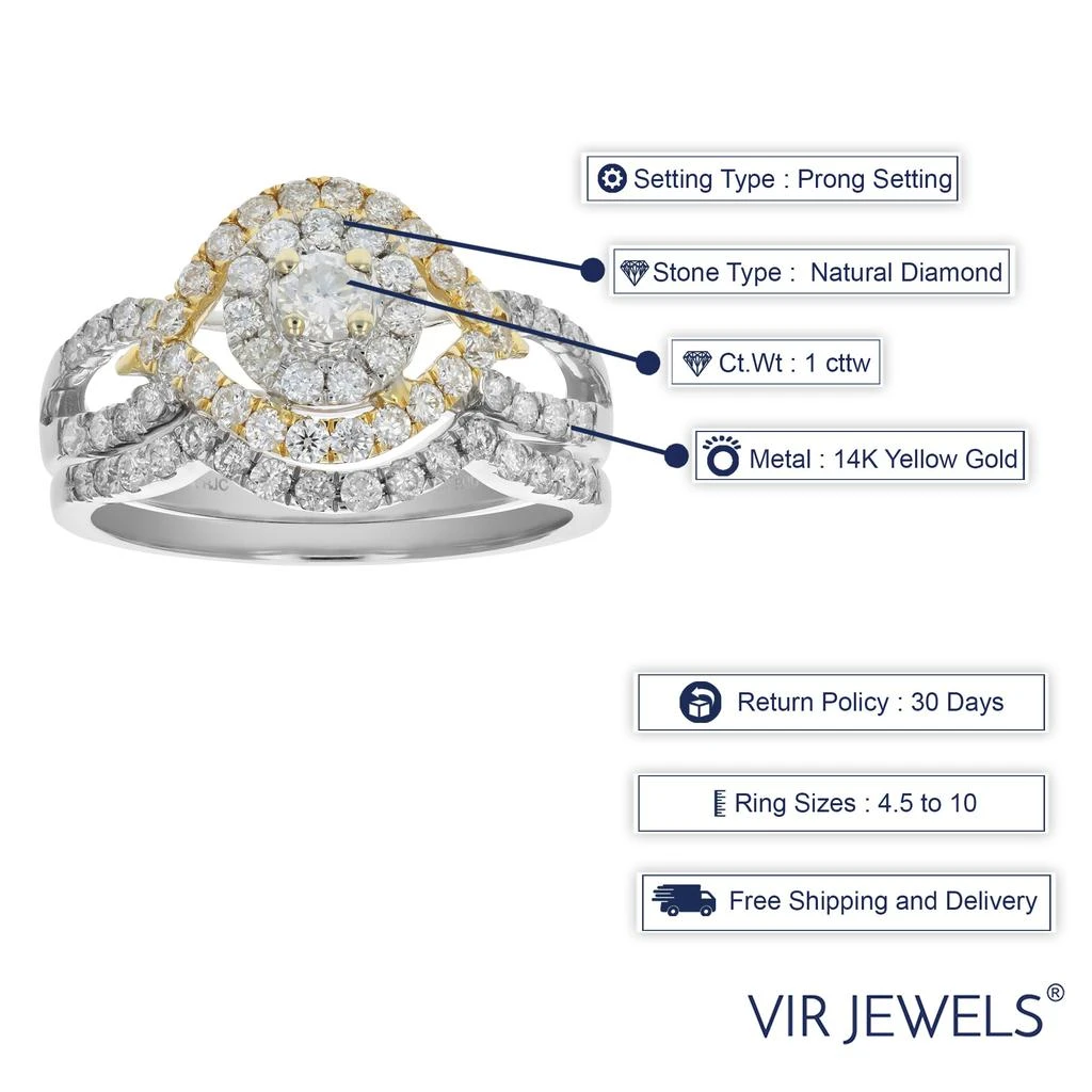 商品Vir Jewels|1 cttw Diamond Wedding Engagement Ring Set 14K White Yellow Gold Halo Bridal,价格¥8502,第5张图片详细描述