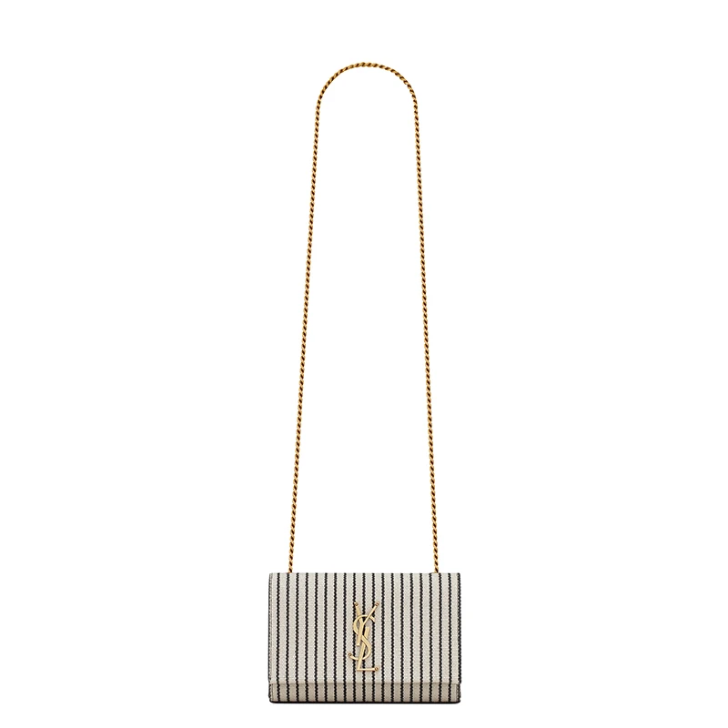 SAINT LAURENT PARIS/圣罗兰 YSL 22春夏新款KATE系列 女士小号奶油色/黑色条纹帆布配皮金扣金链单肩斜挎链条包469390FAACG9583 商品
